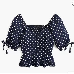 J. Crew Cropped Peplum Polka Dot Tie Sleeve top w/ Sweetheart Neckline